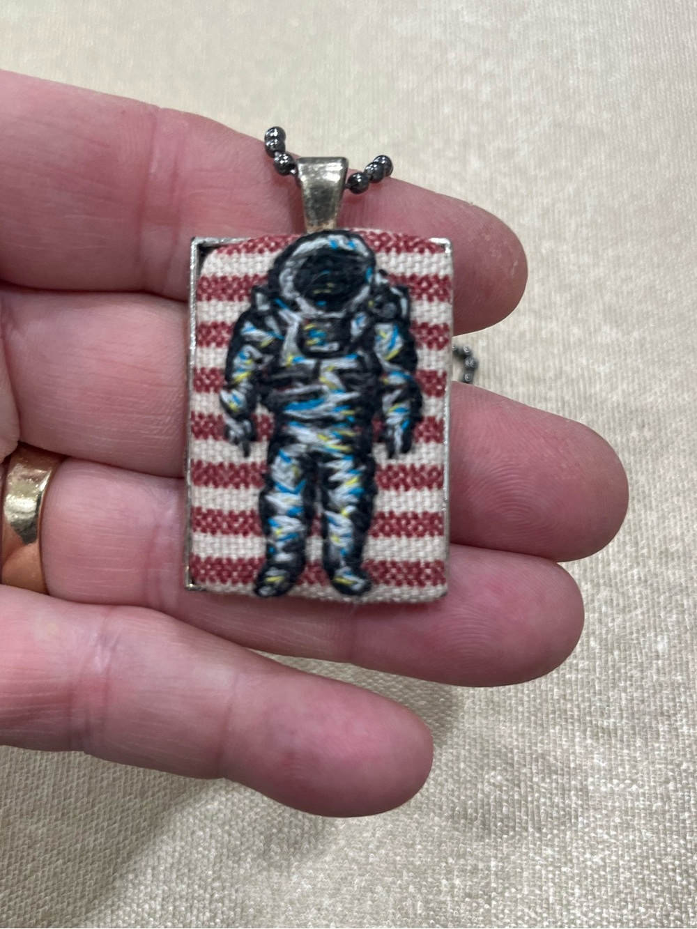 Moon Space man Astronaut hand embroidered pendant and necklace